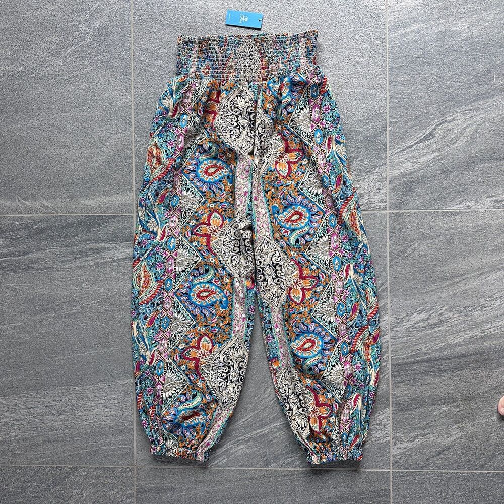 NWT Cupshe Multi-color Paisley Smocked Waist Tapered Leg Joggers Pockets M 6-8 - Picture 3 of 12